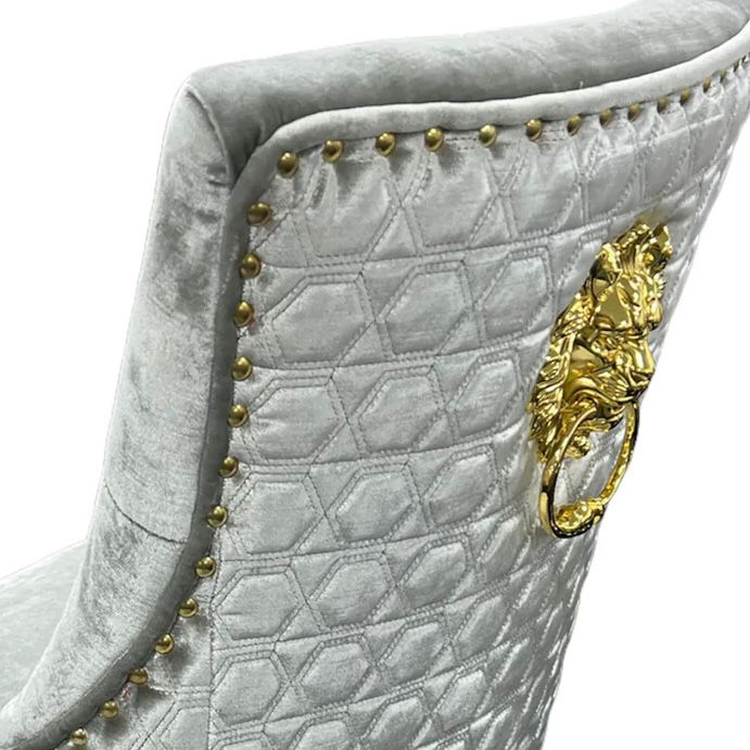 Pair of Mayfair Gold lion silver fabric chairs