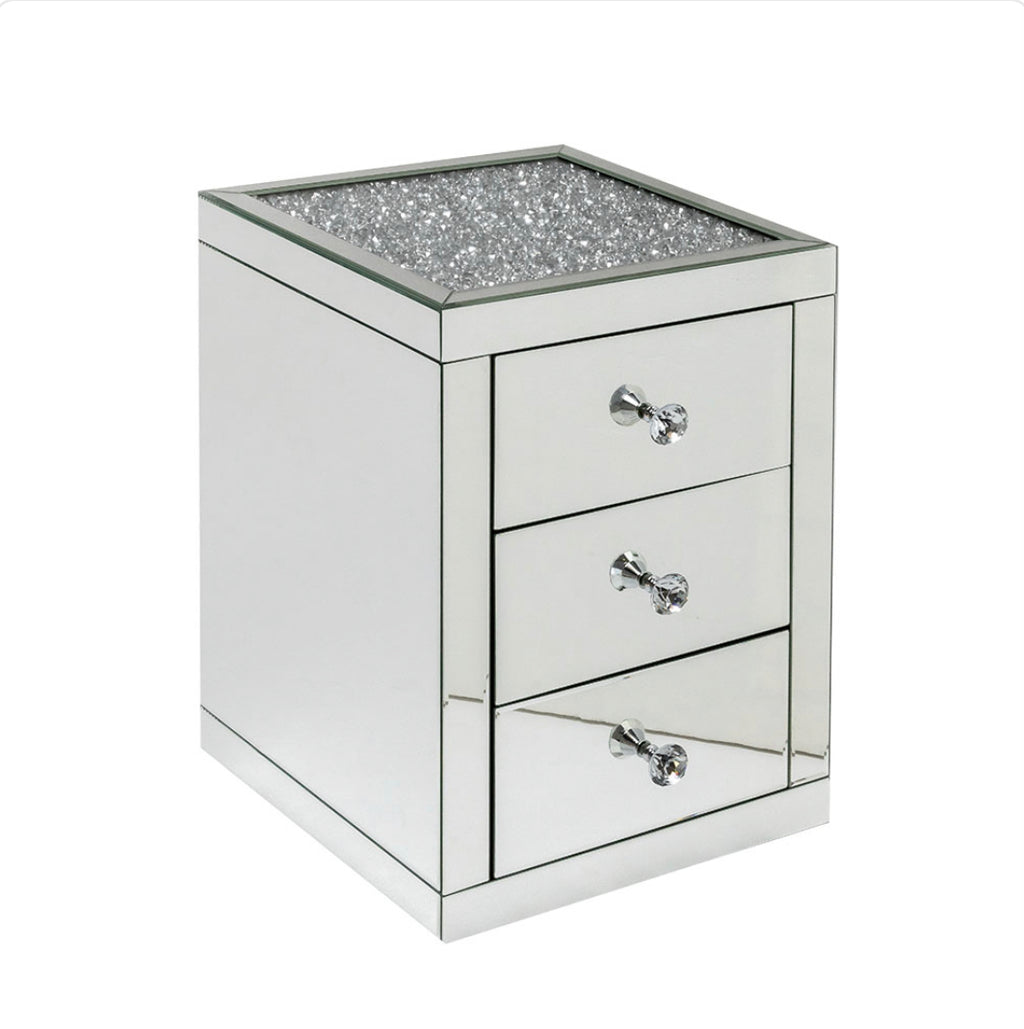 Crushed diamond mirrored bed side cabinet