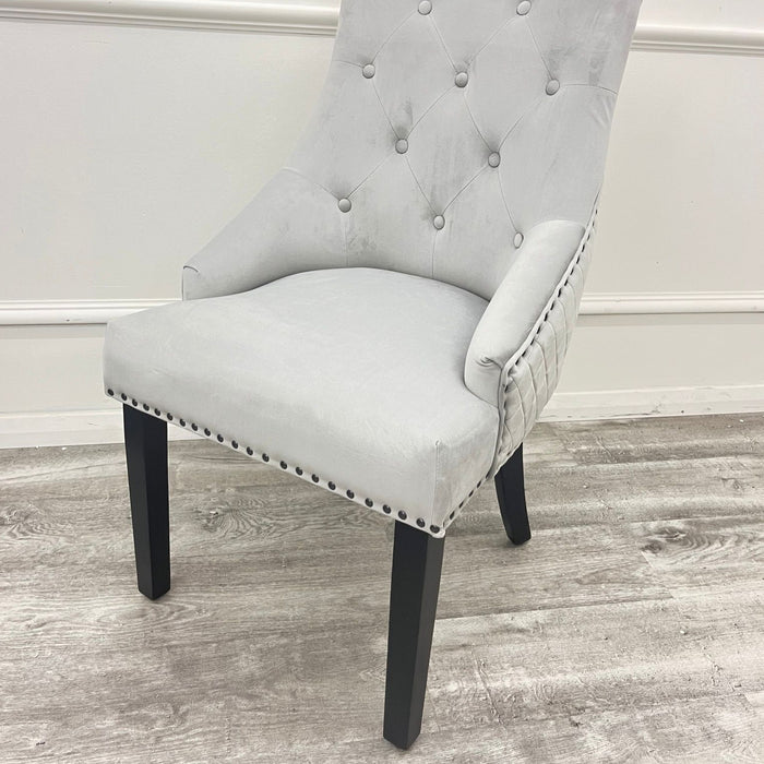 Pair of Bentley black Super light grey fabric dining chairs with black legs