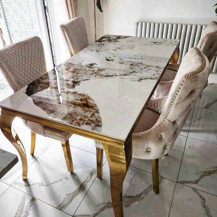 Gold Louis Pandora Stone Top Dining Table with Fabric & Gold Victoria cream Chairs