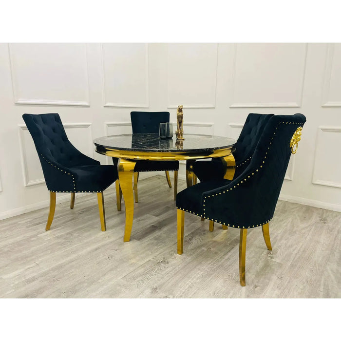 Louis round 130cm black and gold marble dining set with 4 black & Gold Bentley chairs