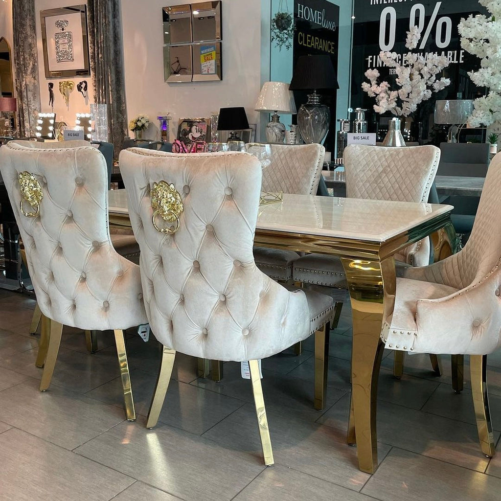 Louis Gold Frame 1.8m or 2 Metre Cream marble with Victoria dining chairs and bench