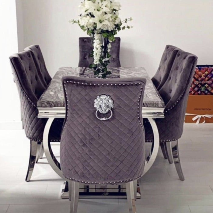 Ariana Marble 1.8M Dining Table With Grey Bentley Quilted Knocker Chairs