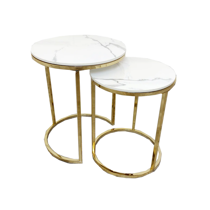 Cato Nest of 2 Tall Gold End Tables with Polar White Sintered Stone Tops