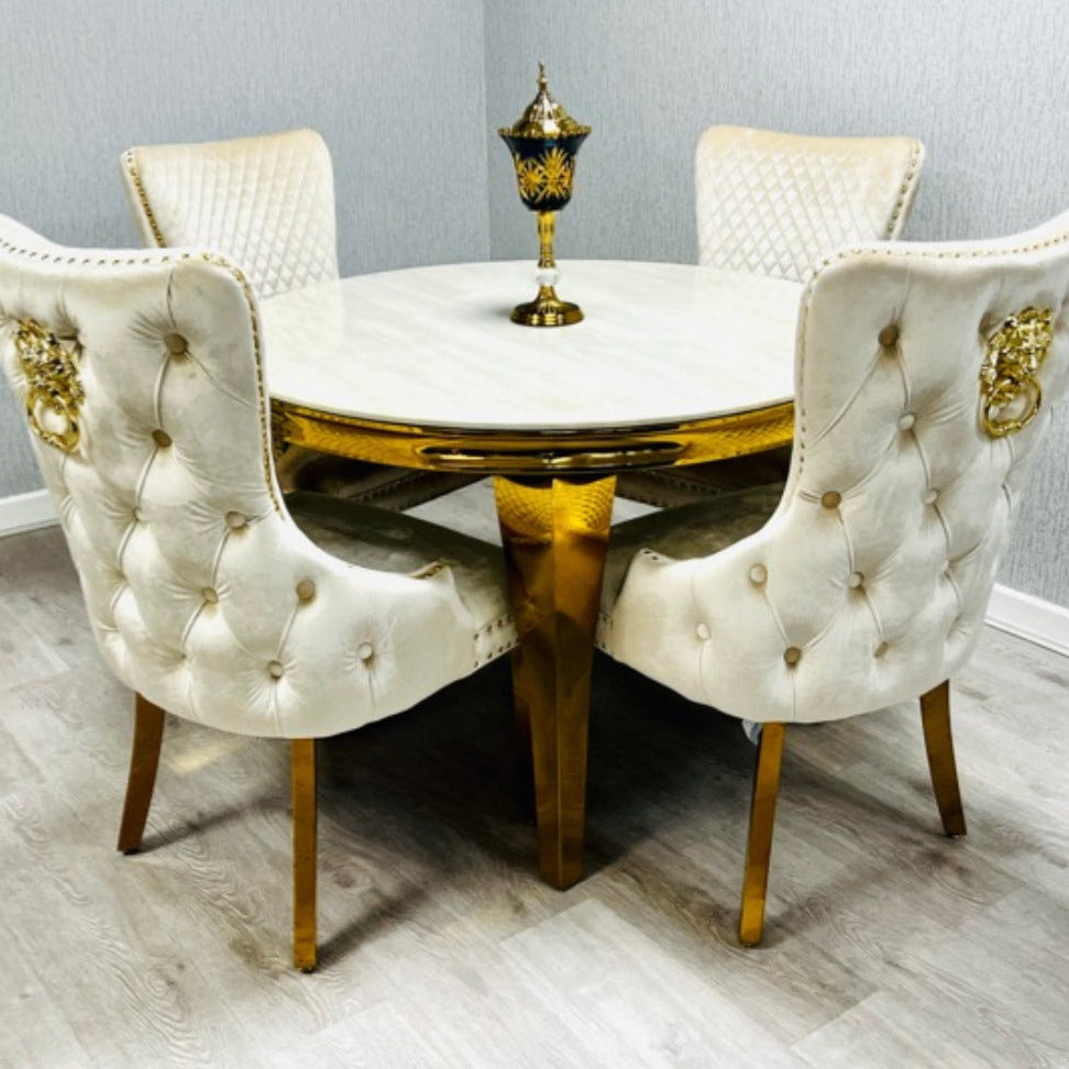 Louis 110cm Round Cream & Gold marble with Victoria cream velvet dining chairs