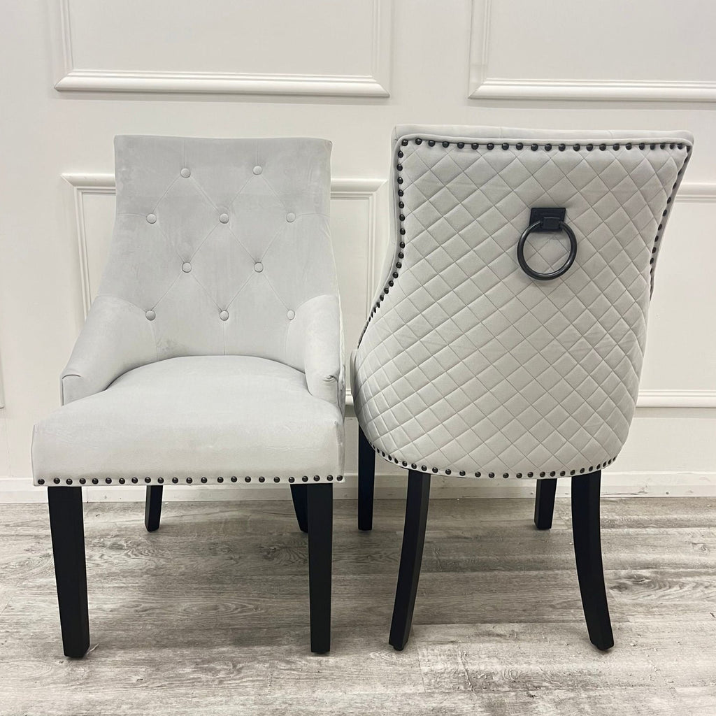Pair of Bentley black Super light grey fabric dining chairs with black legs