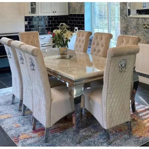 Cream marble dining 2024 table and 6 chairs