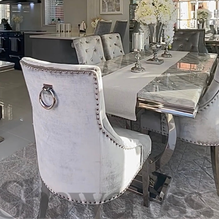 Luxury Ariana Marble 1.8M Dining Table And Cheshire Plush Velvet Knocker Chairs