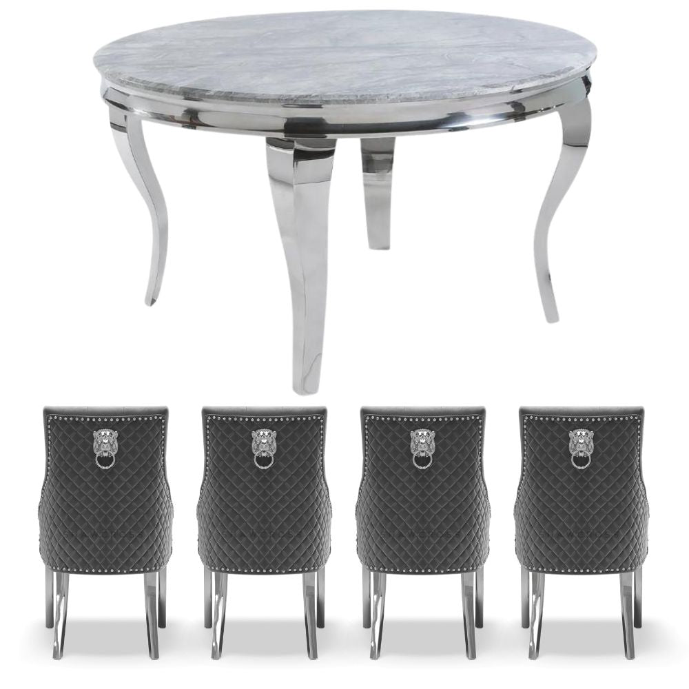 Louis Round 130Cm Marble Table With 4 Bentley lion Knocker Velvet Back Chairs