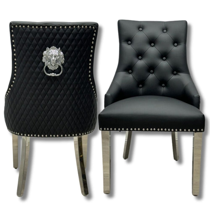 Pair of Bentley black leather knocker dining chairs lions head