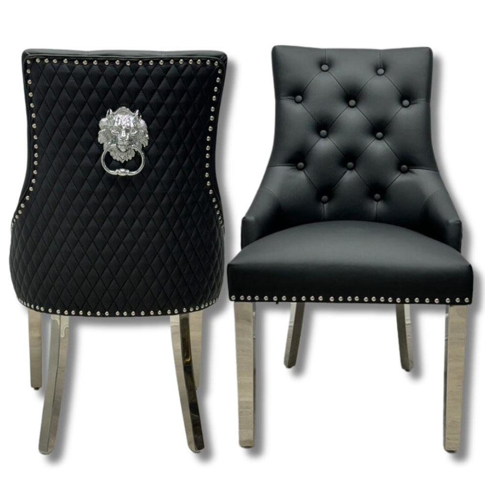Pair of Bentley black vegan leather knocker dining chairs lions head