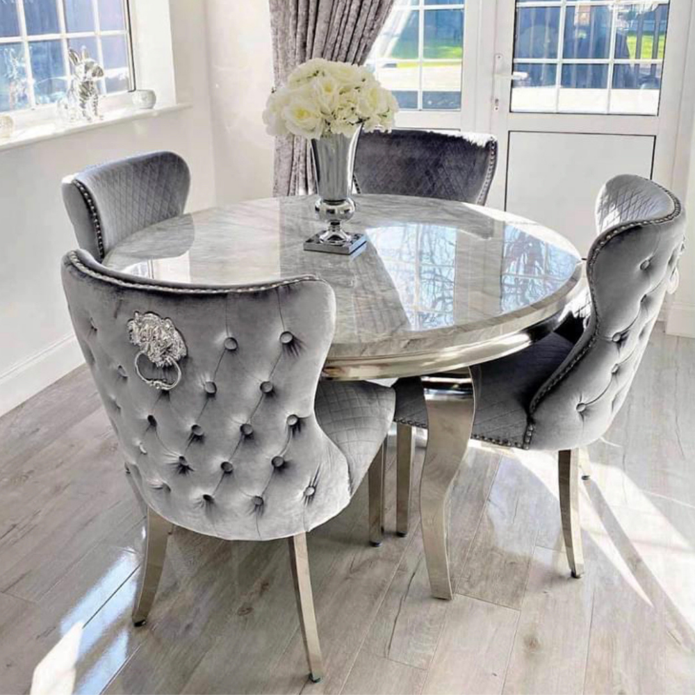 Louis marble 130Cm Round Dining Set With 4 Lewis Button Back Lion Chairs