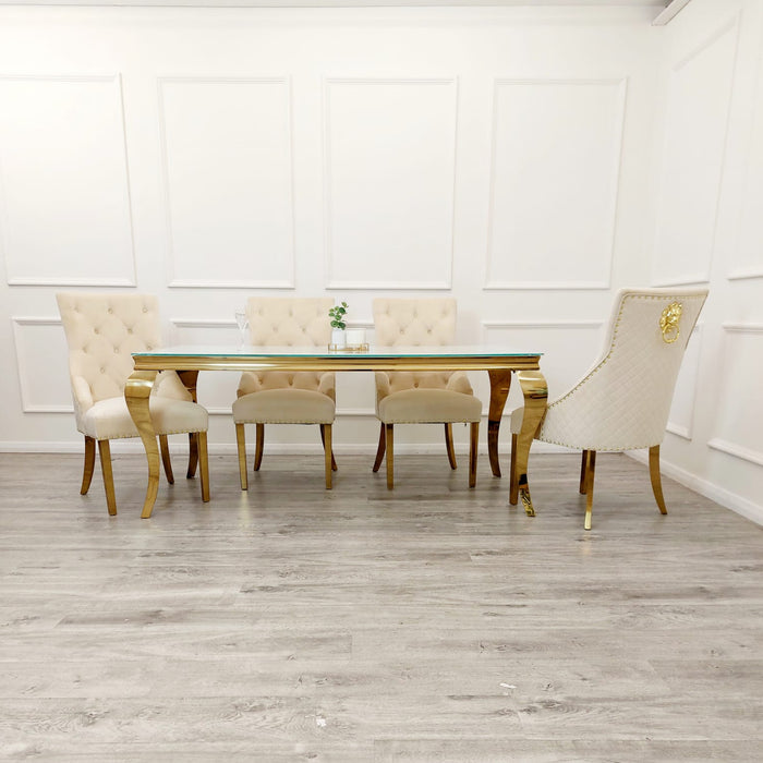 Gold Louis 2 Metre White Glass Top Dining Table with Cream and Gold Bentley Chairs