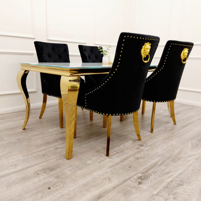 Louis Gold 2 Metre White Glass Top Dining Table with Black and Gold Chairs