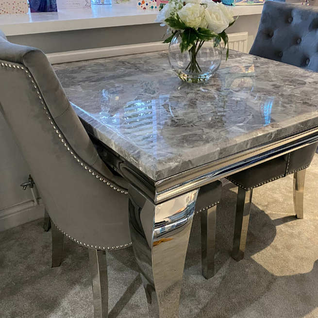 louis 1m x1m marble dining set with velvet knocker chairs