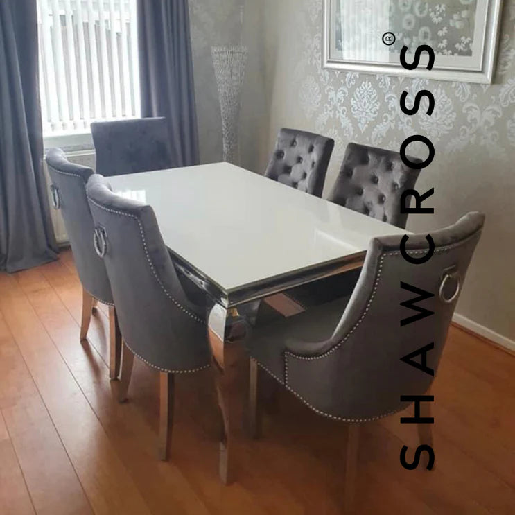 Louis mirrored dining table with 4 grey discount chairs and bench in velvet