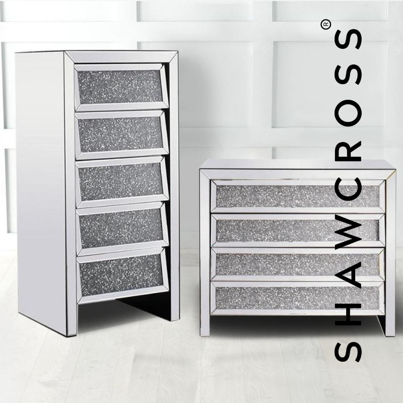 CRUSHED DIAMOND MIRRORED BEDROOM SET TALL 5 DRAWER & WIDE 4 DRAWER