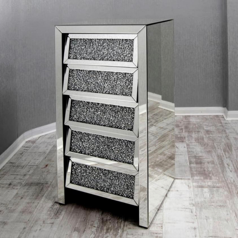 TALL 5 DRAWER MIRRORED CRUSHED DIAMOND CHEST FREE DELIVERY