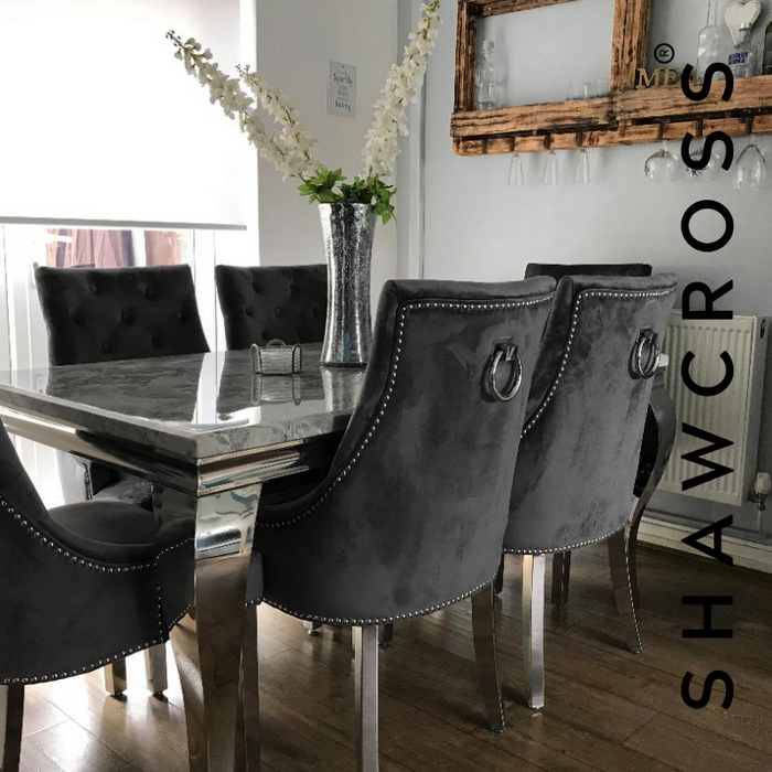 Louis Chrome SET White , Black Glass Dining Room Table & Velvet Chairs 1.6  / 2m.