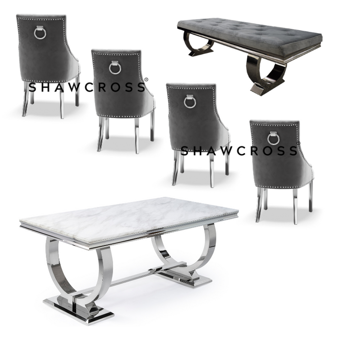 Ariana 1.8M Marble Dining Table With 4 Knocker Chairs & Ariana Bench