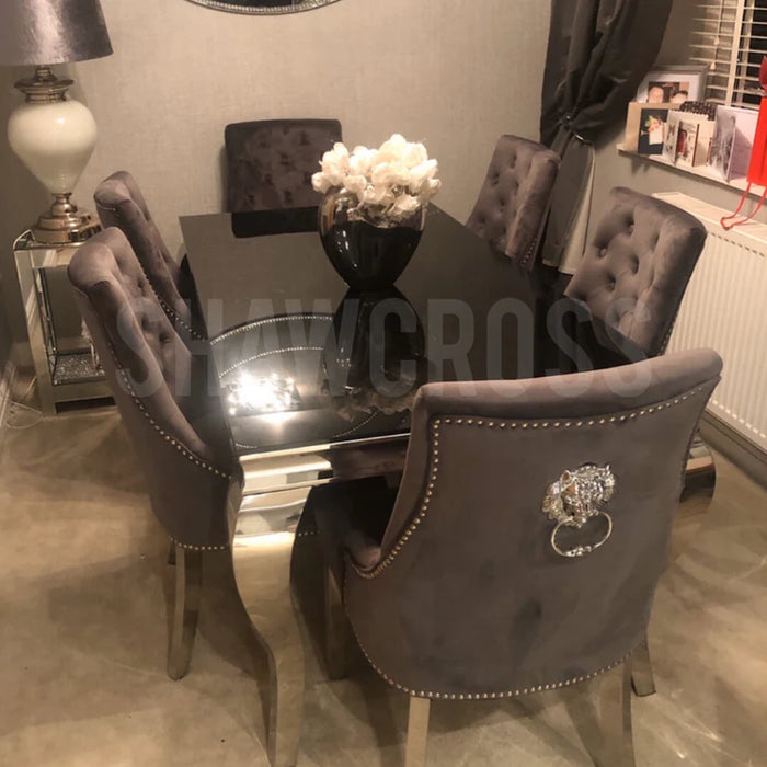 Louis Glass Dining Set With Cheshire Chairs & Bench In Grey Plush Velvet