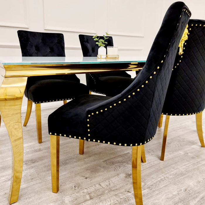 Louis Gold 2 Metre White Glass Top Dining Table with Black and Gold Chairs
