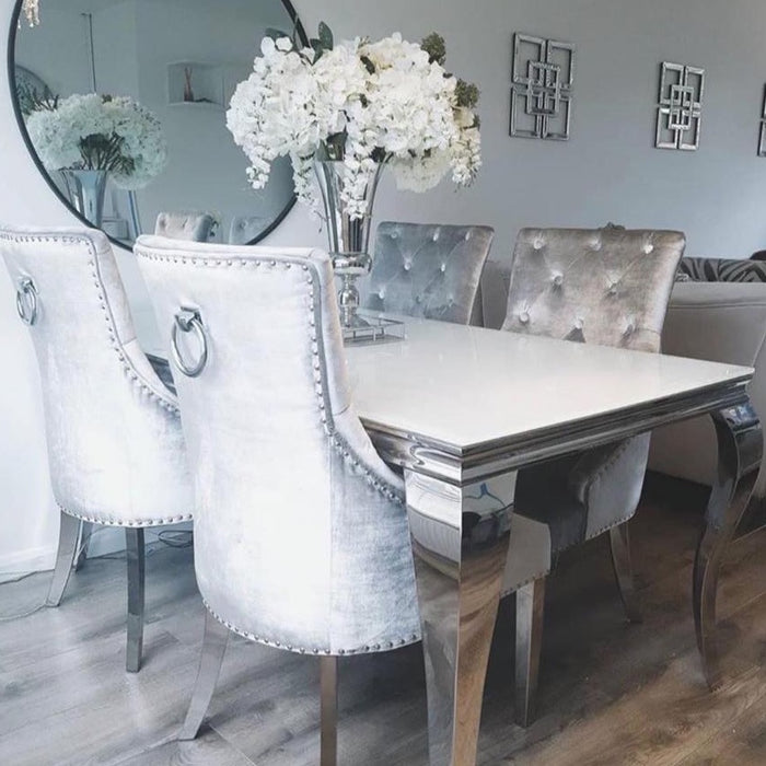 Louis Glass 1.5M Dining Table And Velvet Knocker Chairs