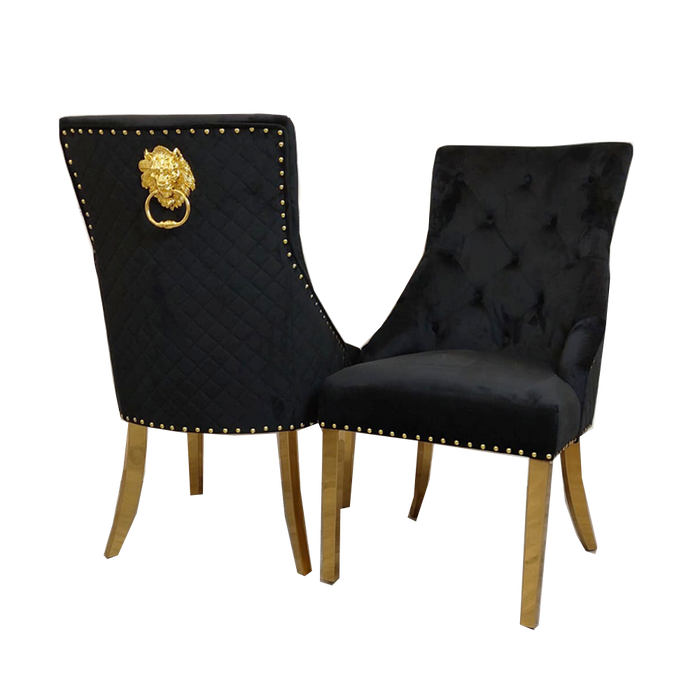 2 x Bentley Black Quilted Back Gold Lion Knocker Dining Chairs