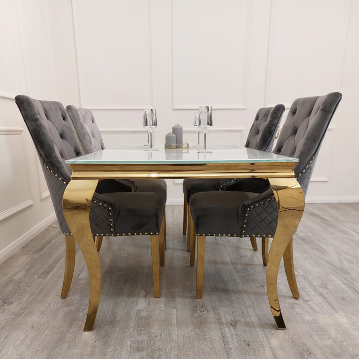 Gold Louis 2 Metre White Glass Top Dining Table with Gold Bentley Grey Fabric Chairs