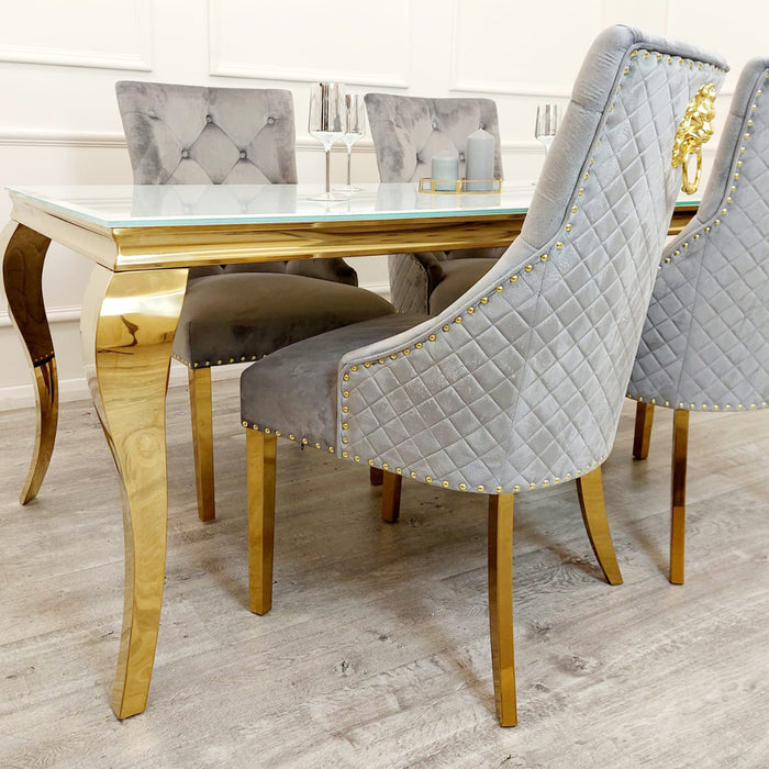 Gold Louis 2 Metre White Glass Top Dining Table with Gold Bentley Grey Fabric Chairs