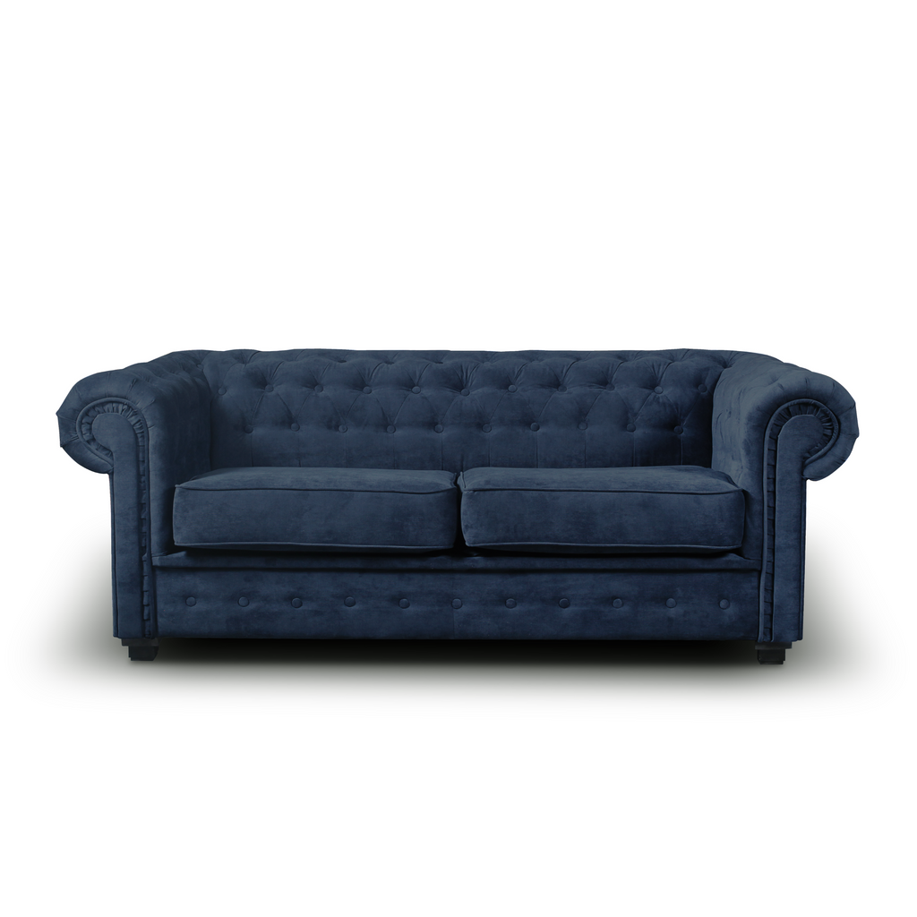 Grande Chesterfield 3 Seater, 2 Seater, Single Chair And Footstool Sofas In Navy Blue Cotton Fabric