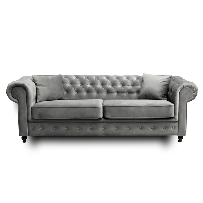 Jersey chesterfield sofas in dark grey plush velvet