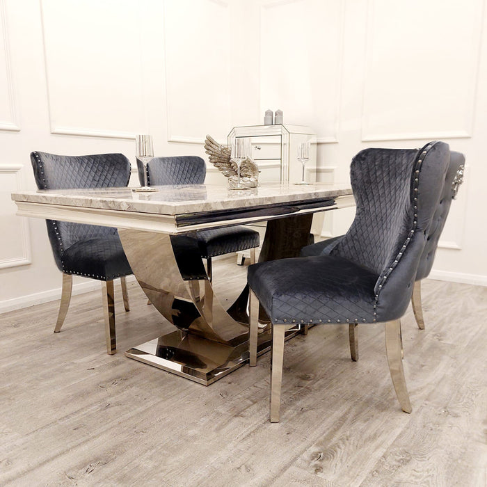 1.8m DENVER MARBLE DINING SET WITH LEWIS LION BUTTON BACK DINING CHAIRS