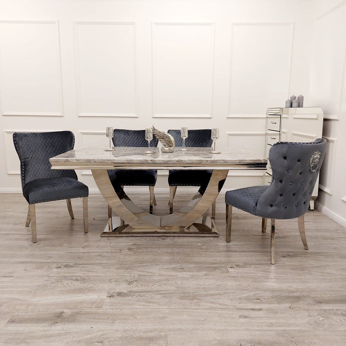 1.8m DENVER MARBLE DINING SET WITH LEWIS LION BUTTON BACK DINING CHAIRS