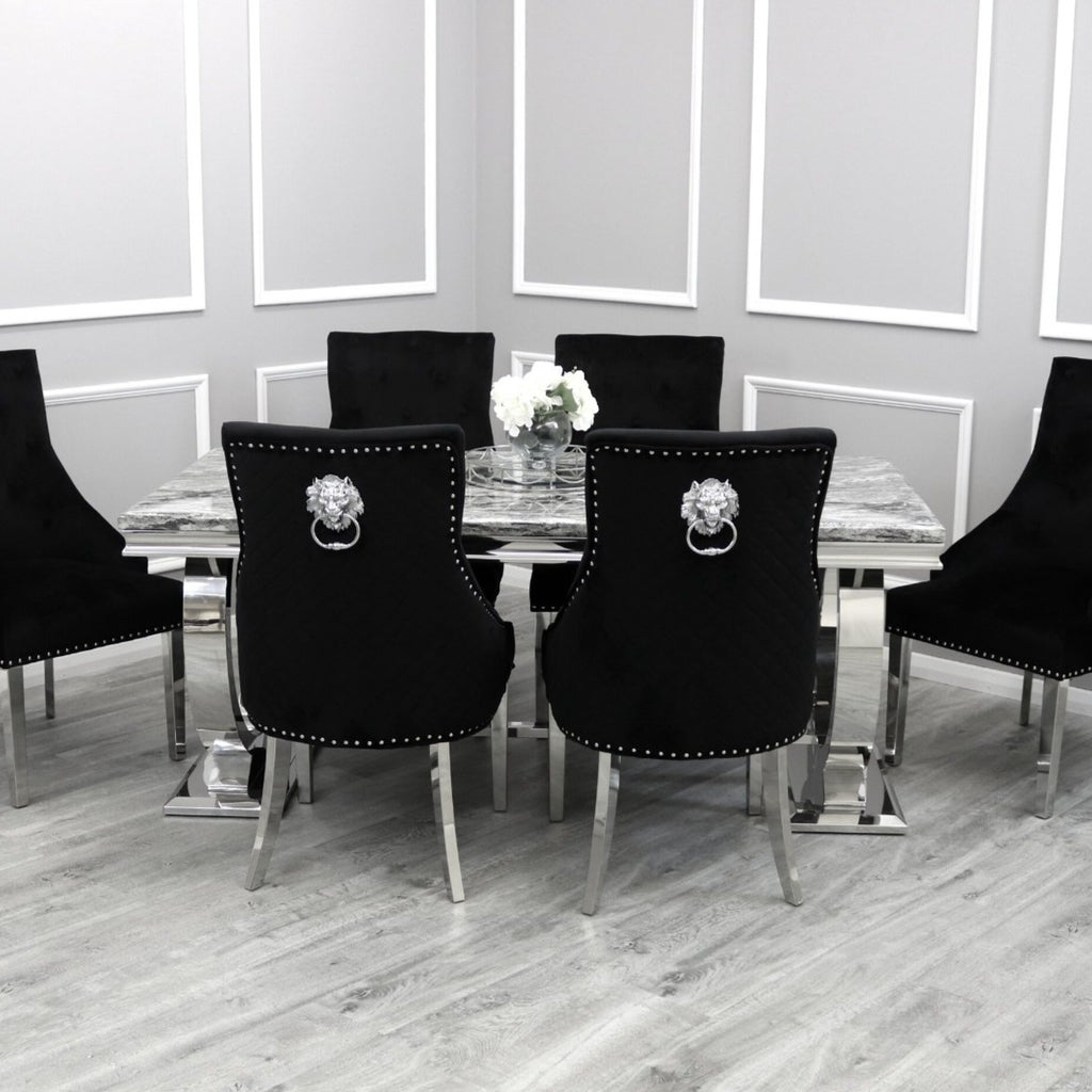 Ariana  Marble 1.8M Dining Table With Black Bentley Quilted Velvet Knocker Chairs