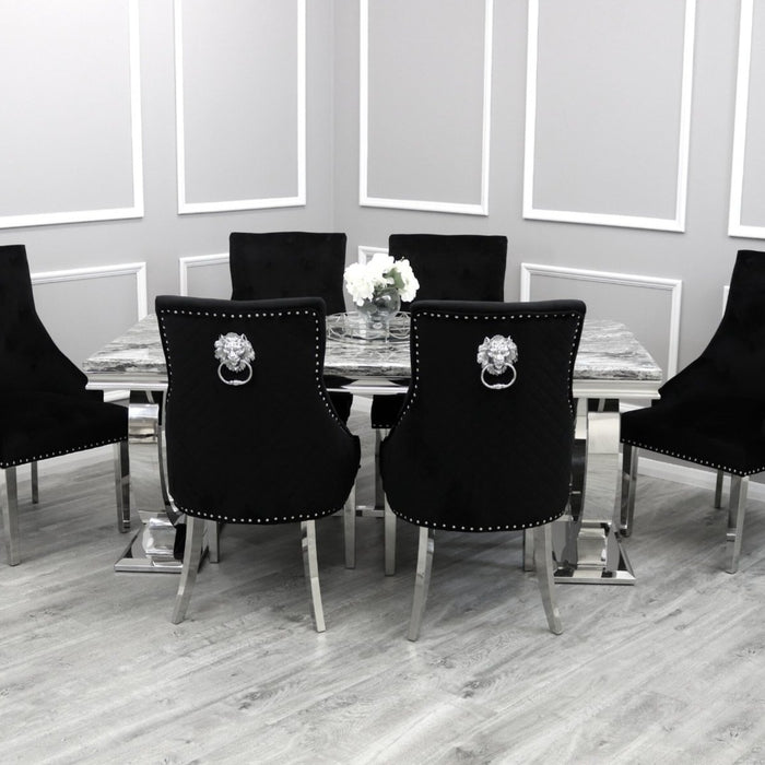 Ariana  Marble 1.8M Dining Table With Black Bentley Quilted Velvet Knocker Chairs
