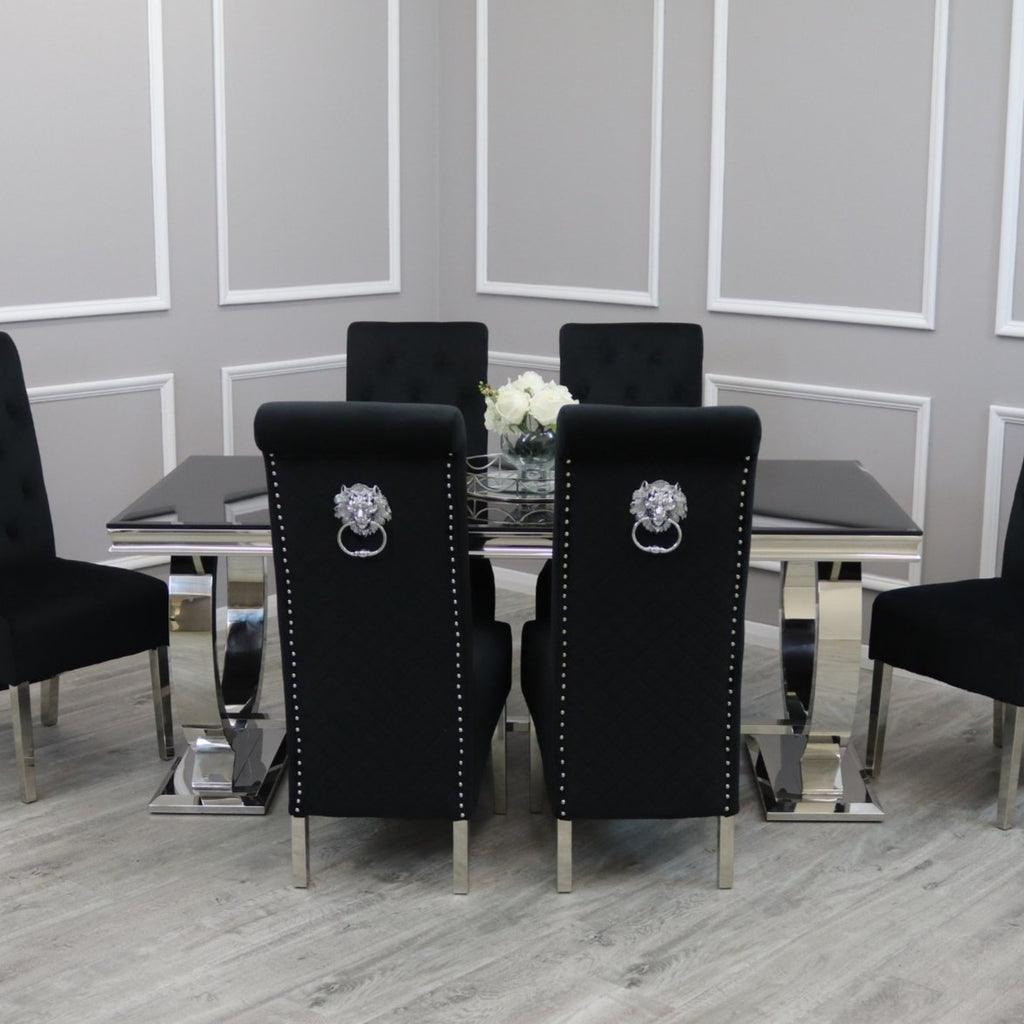 Ariana Black Glass 1.8M Dining Table With Black Lucia Quilted Velvet Lion Knocker Chairs