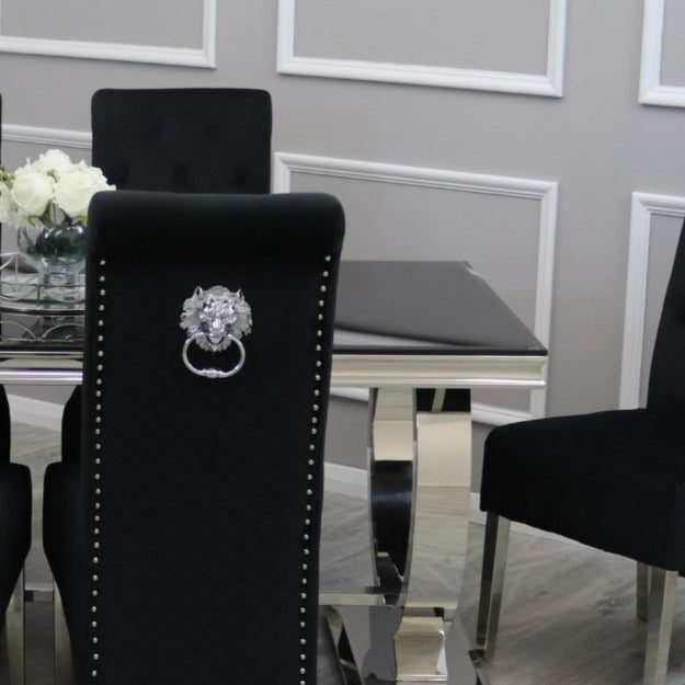 Ariana Black Glass 1.8M Dining Table With Black Lucia Quilted Velvet Lion Knocker Chairs