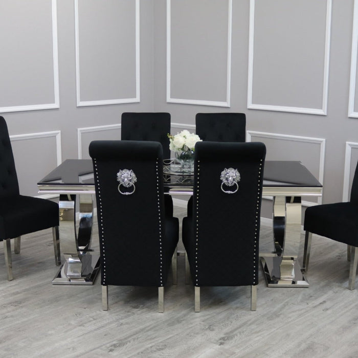 Ariana Black Marble 1.8M Dining Table With Black Lucia Quilted Velvet Lion Knocker Chairs