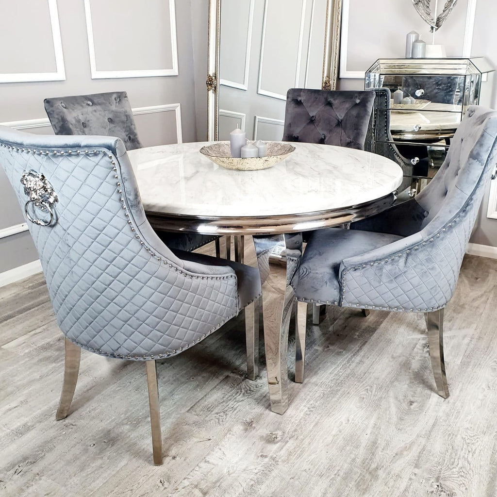 Louis Round 130Cm Marble Table With 4 Bentley lion Knocker Back Chairs