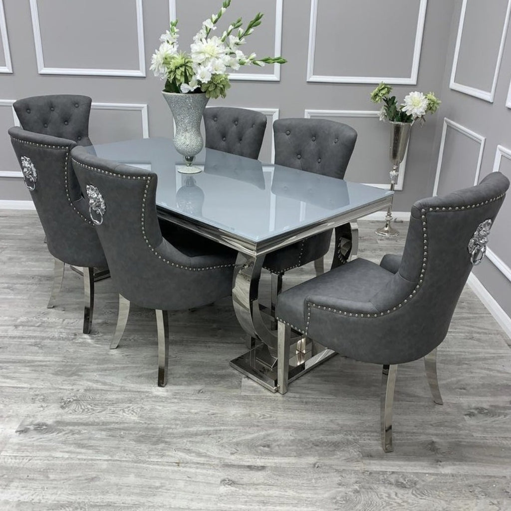 The Ariana 1.8m Marble or Glass Dining set with Milano Lion Knocker Dining Chairs in Faux Leather