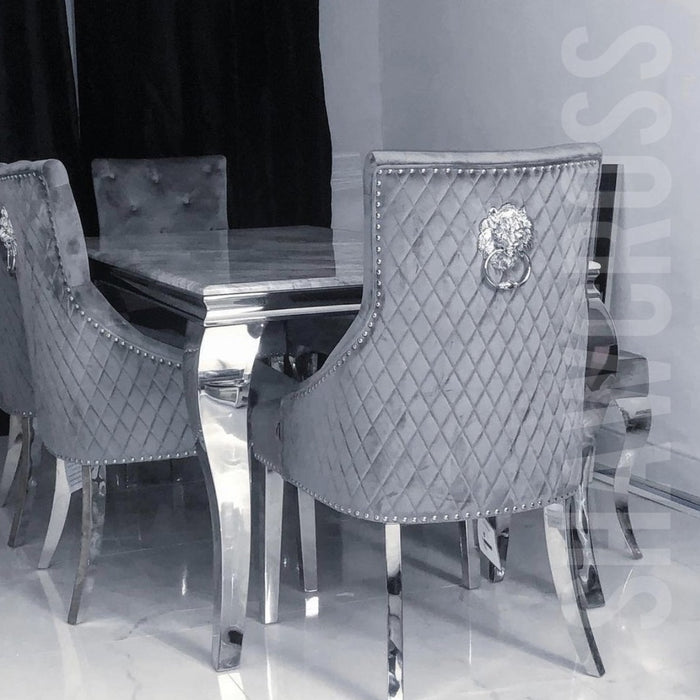 Louis Marble 1.8m , 1.5m or 1.2m Dining Table With Bentley Quilted Velvet Knocker Chairs