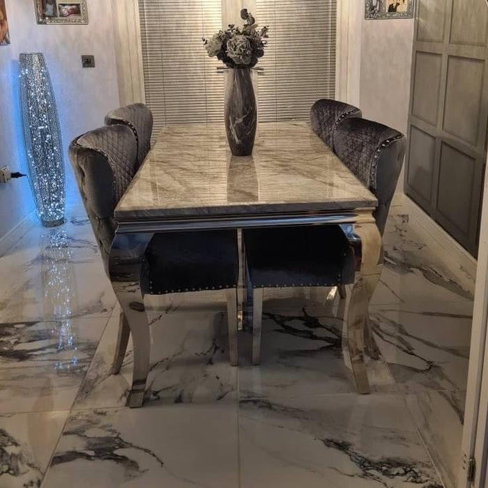 Louis 1.5m Or 1.8m Marble Dining Set With Lewis Lion Dining Chairs (Pewter As Shown)