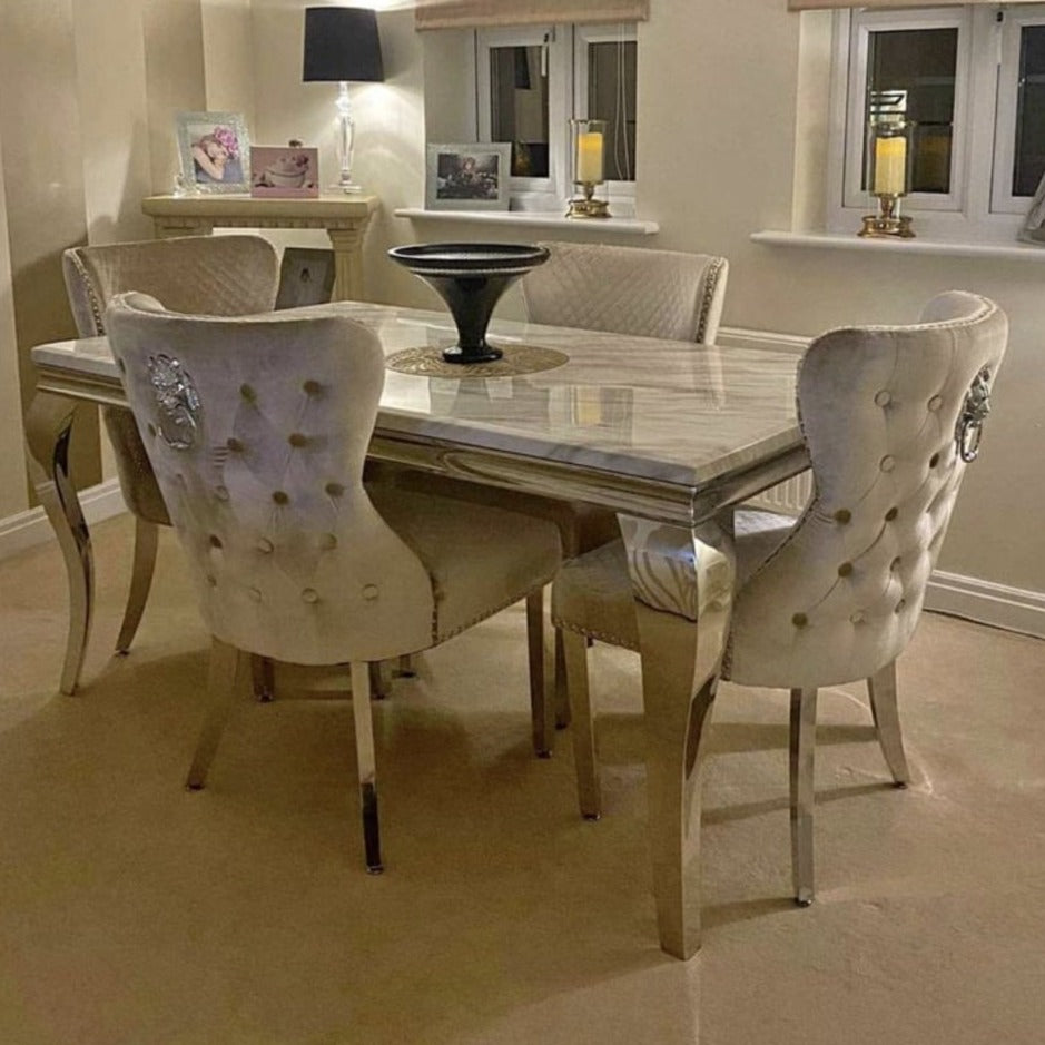 1.5M Or 1.8M Louis Marble Dining Set With Lewis Velvet Dining Chairs With Lions Head
