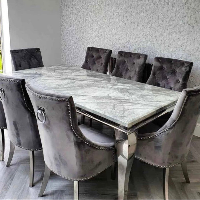 Louis marble 2.0M dining table with 6 or 8 cheshire black knocker dining chairs