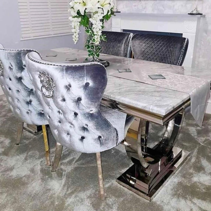 Ariana marble Dining Set With Lewis shimmer Button Back Lion Chairs