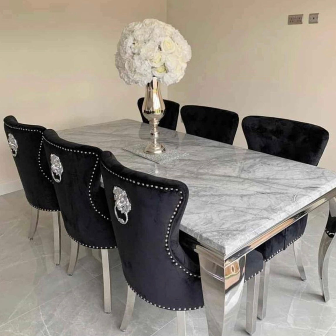 Louis marble 2.0M dining table with 6 or 8 cheshire black knocker dini