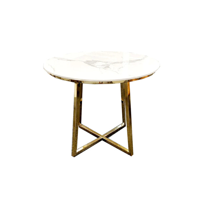 Juno 90cm Gold Round Dining Table with Polar White Sintered Stone Top