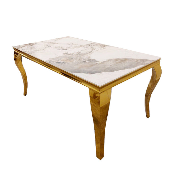 Gold Louis Marble Stone Top Dining Table with Fabric & Gold Bentley Chairs