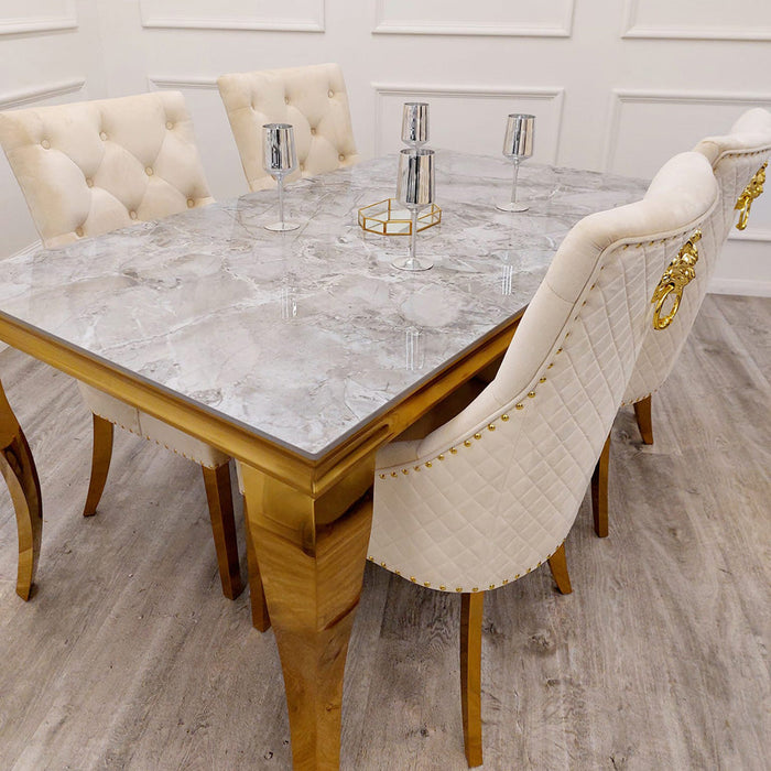 1.8M or 1.6m Gold Louis marble Top Dining Table With Fabric & gold Bentley Chairs